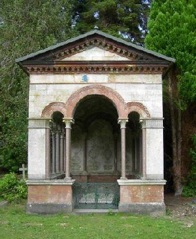 Front view of the emergency roof Drake mausoleum Brookwood Cemetery