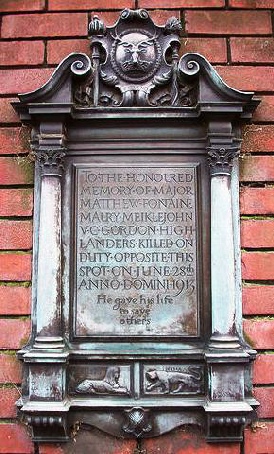 Plaque commemorating  Major Matthew Fountaine Maury Meiklejohn VC Knightsbridge Barracks