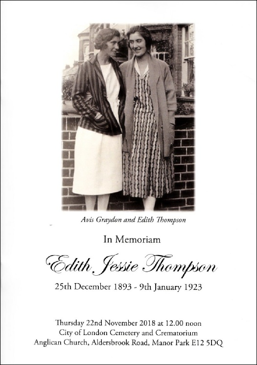 Order of Service for Edith Jessie Thompson, City of London Cemetery, 22 November 2018